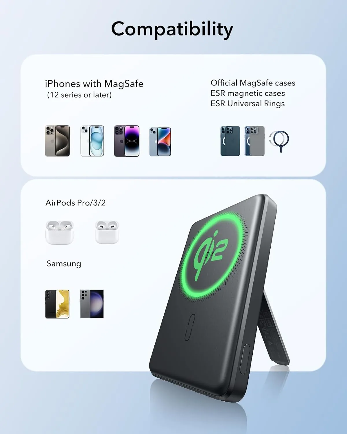 ESR for MagSafe Power Bank, Kickstand 5,000mAh MagSafe Portable Charger 0.6 in, Qi2 Certified 15W Ultra-Fast Battery Pack, 20W USB-C MagSlim Charger with Cable for iPhone 16/15/14/13/12, Black