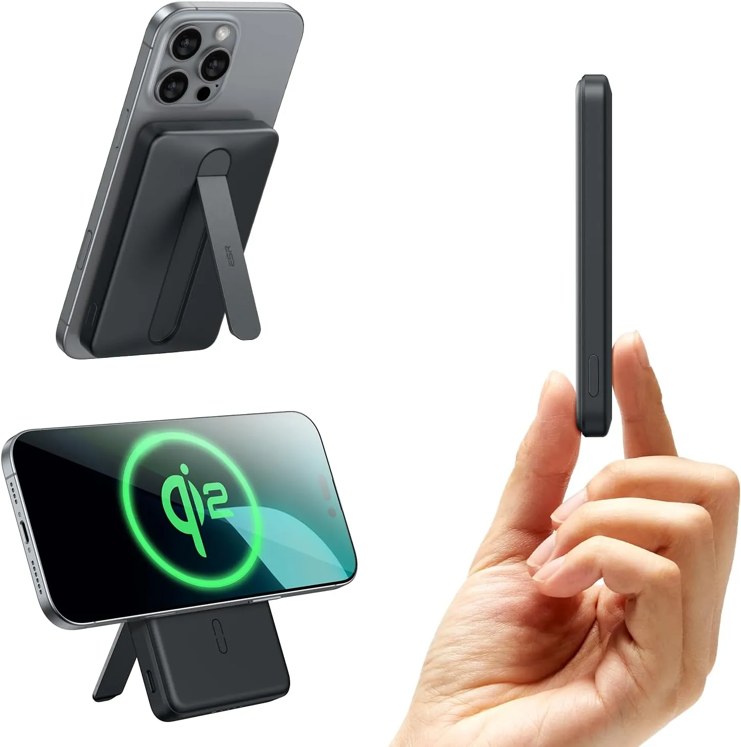 ESR for MagSafe Power Bank, Kickstand 5,000mAh MagSafe Portable Charger 0.6 in, Qi2 Certified 15W Ultra-Fast Battery Pack, 20W USB-C MagSlim Charger with Cable for iPhone 16/15/14/13/12, Black