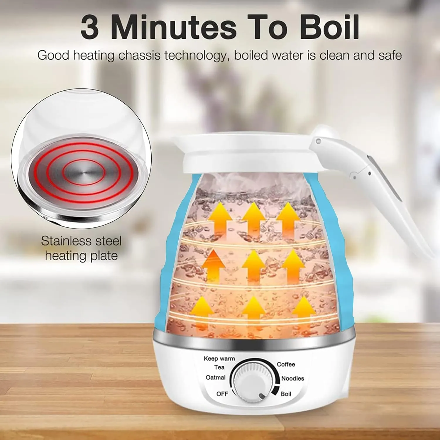 ESYAMIPET Camping kettle electric, foldable kettle, adjustable temperature travel kettle, food grade silicone, detachable power cord, suitable for camping and hiking (Bule)