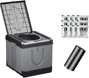 Extra Large Plus Size Big and Tall Portable Toilet, Ideal as Porta Potty for Adults, Camp Toilet, Travel Potty for Car, Trucker or Boat. Poo Gel and Bags Included. Grey Black
