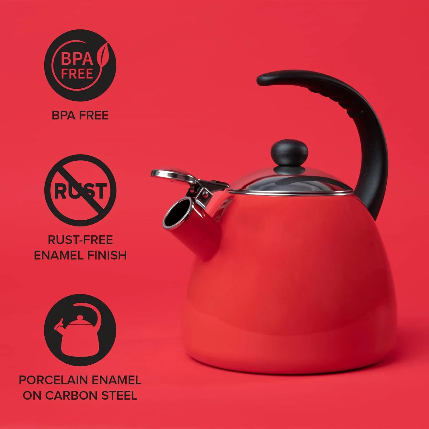 Farberware Dome Tea Kettle, Whistling Teapot, Porcelain Enamel on Carbon Steel, BPA-Free, Rust-Proof, Cool Handle, 3 qt, 12 Cup Capacity, Red
