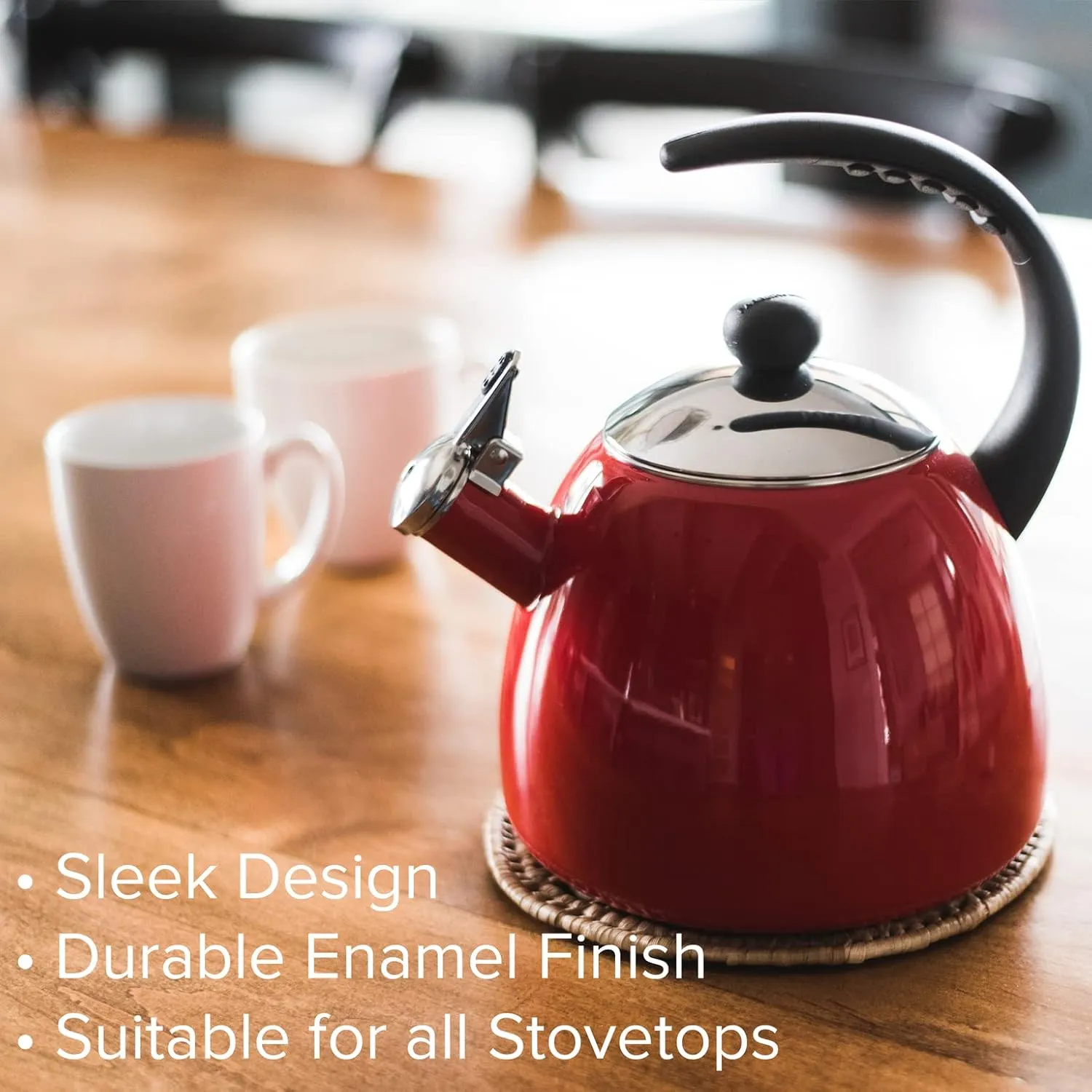 Farberware Dome Tea Kettle, Whistling Teapot, Porcelain Enamel on Carbon Steel, BPA-Free, Rust-Proof, Cool Handle, 3 qt, 12 Cup Capacity, Red