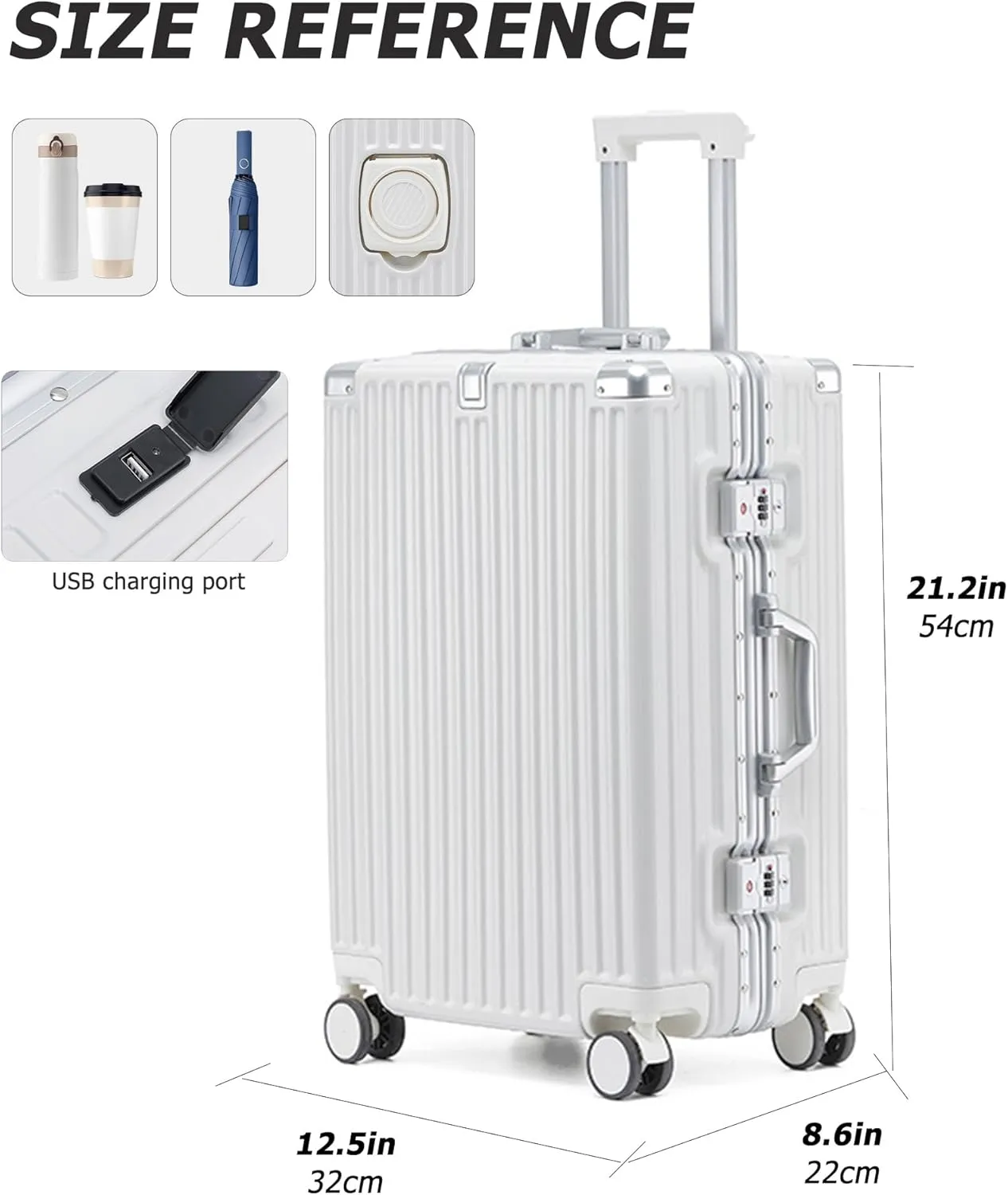 feilario 20in Aluminium Frame PC Hardside Spinner Wheel Luggage, Built-In TSA lock Carry on Suitcase, with Cup Holder & USB Port