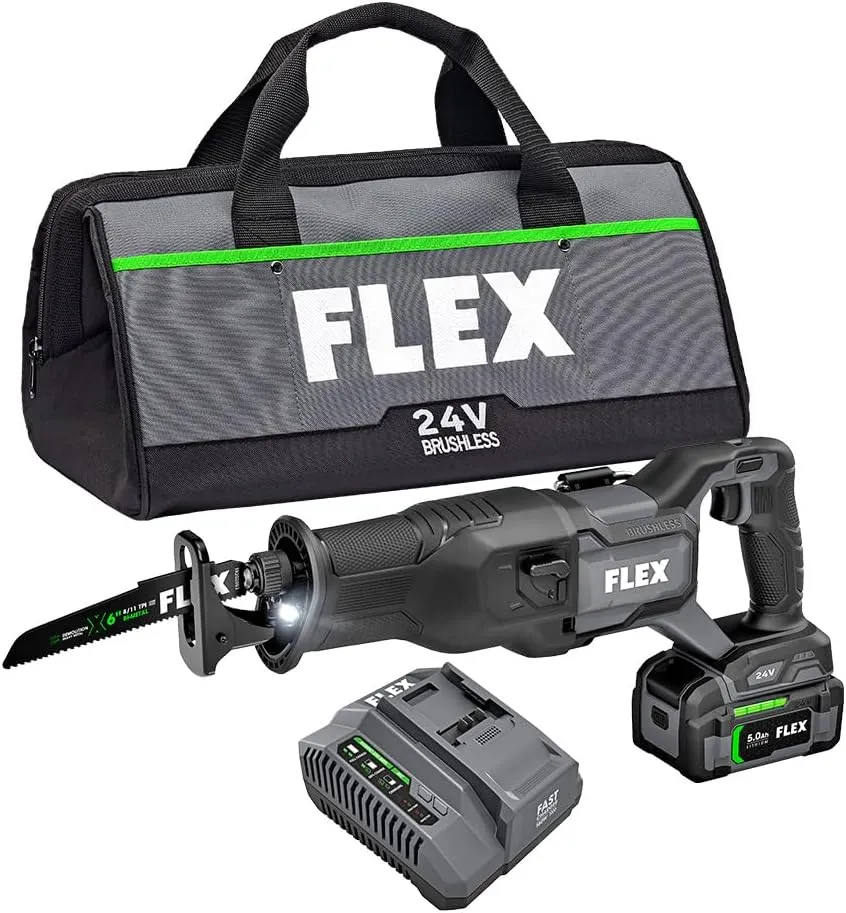 FLEX 24V Brushless Cordless Reciprocating Saw Kit with 5.0Ah Lithium Battery and 160W Fast Charger - FX2271-1C
