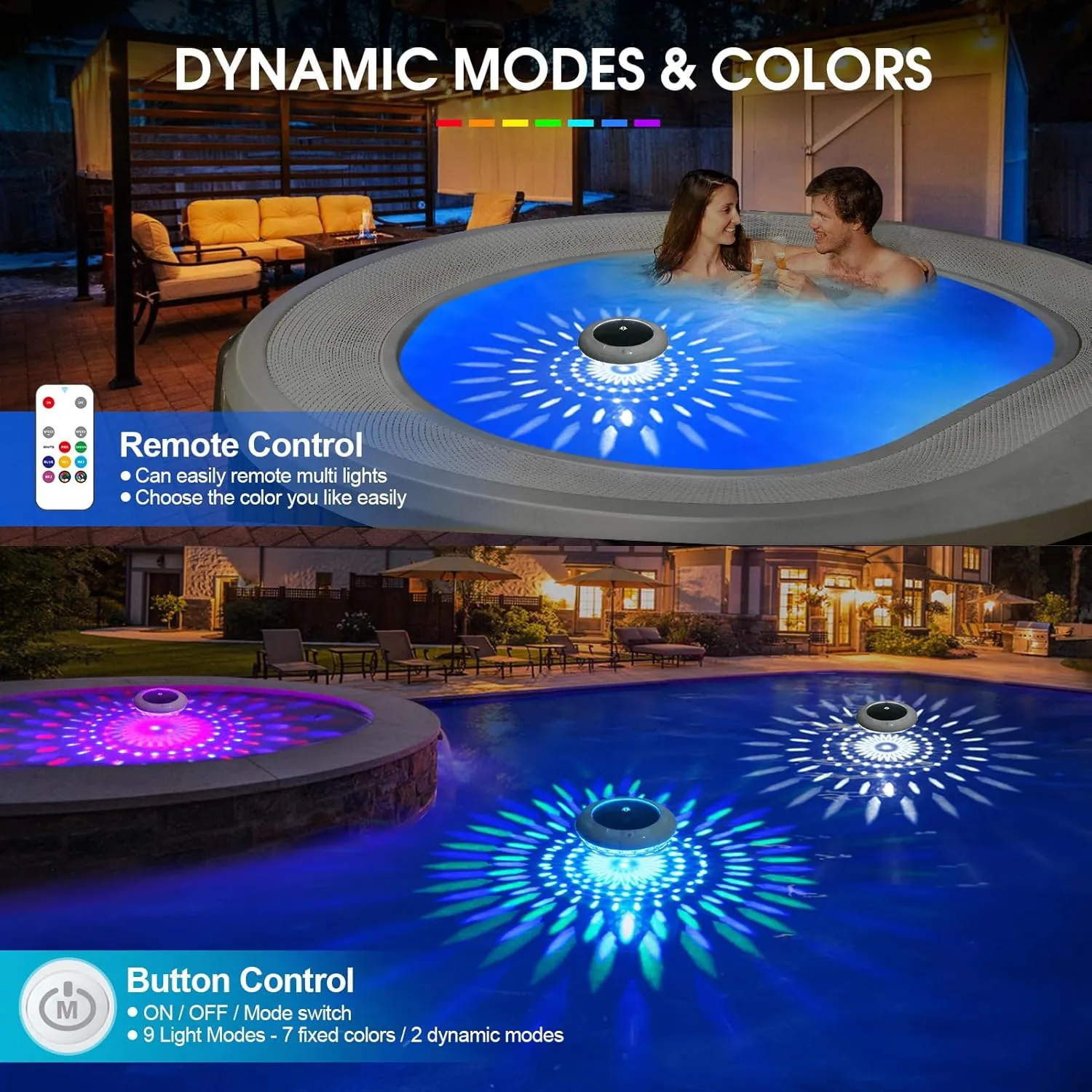 Floating Pool Lights Solar Powered, 6.5“ Vibrant RGB Colors Pool Lights That Float with Dynamic Lighting Effects, Waterproof Float or Hang Solar Floating Light for Pool Hot Tub Garden Party(1)