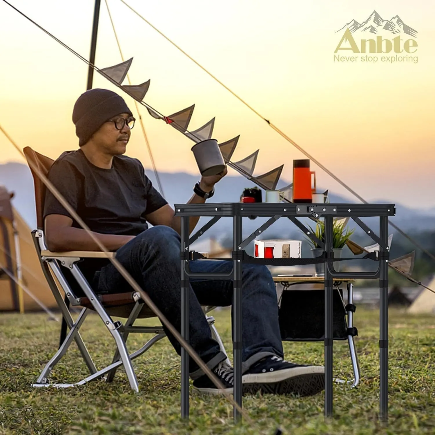 Folding Camping Table with Storage Net, Pure Black Aluminum 2ft Picnic Table 23.2" x 16" Outdoor Table Adjustable Height Max 26.4", Lightweight, Waterproof, Portable Handle for Travel Cooking