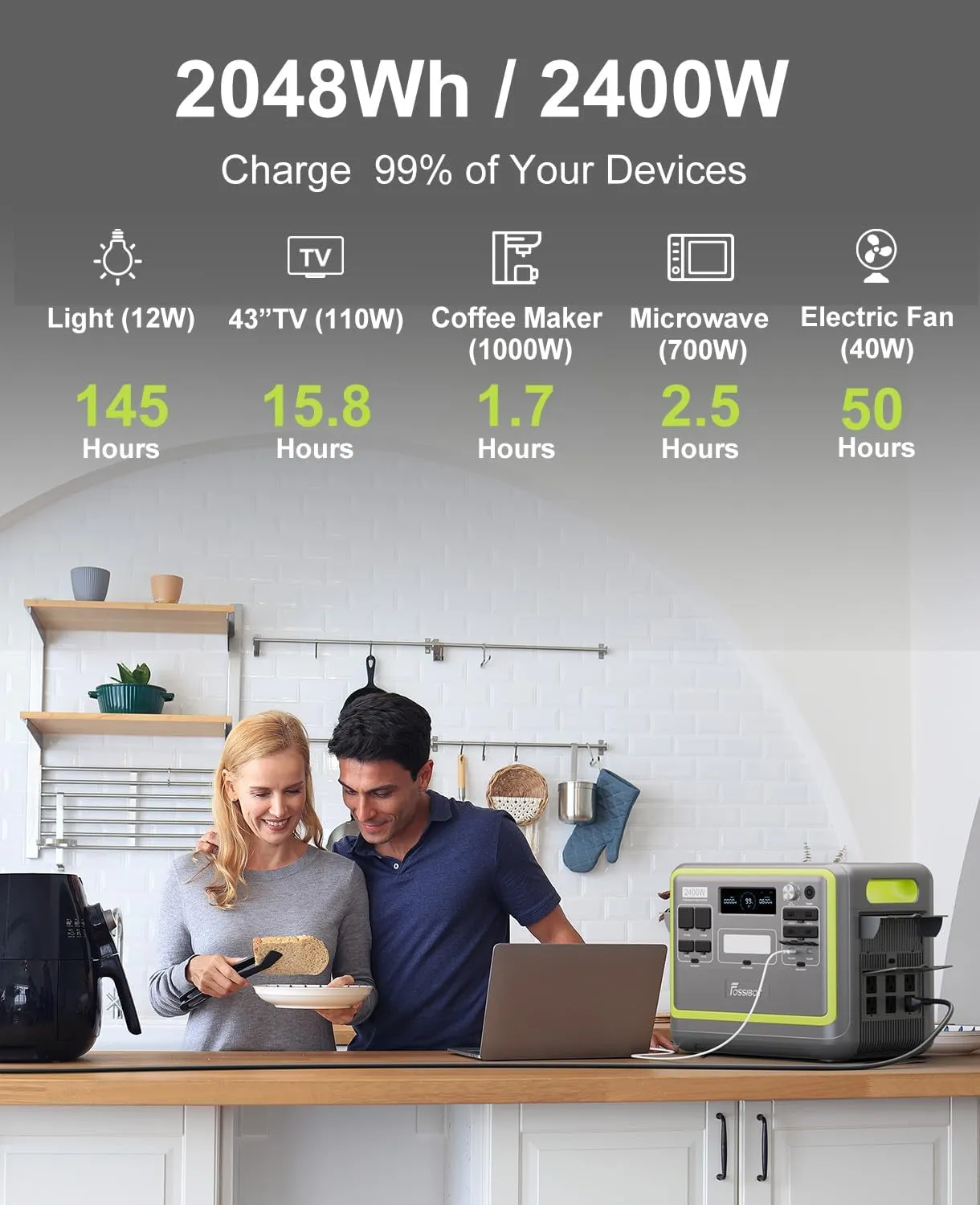 FOSSiBOT F2400 Solar Generator 2048Wh LiFePO4 Portable Power Station With 200W Solar Panel, 2400W (4800W Peak), 1.5H Fast Charging,for Home Backup, Outdoor Camping, RV, Emergency