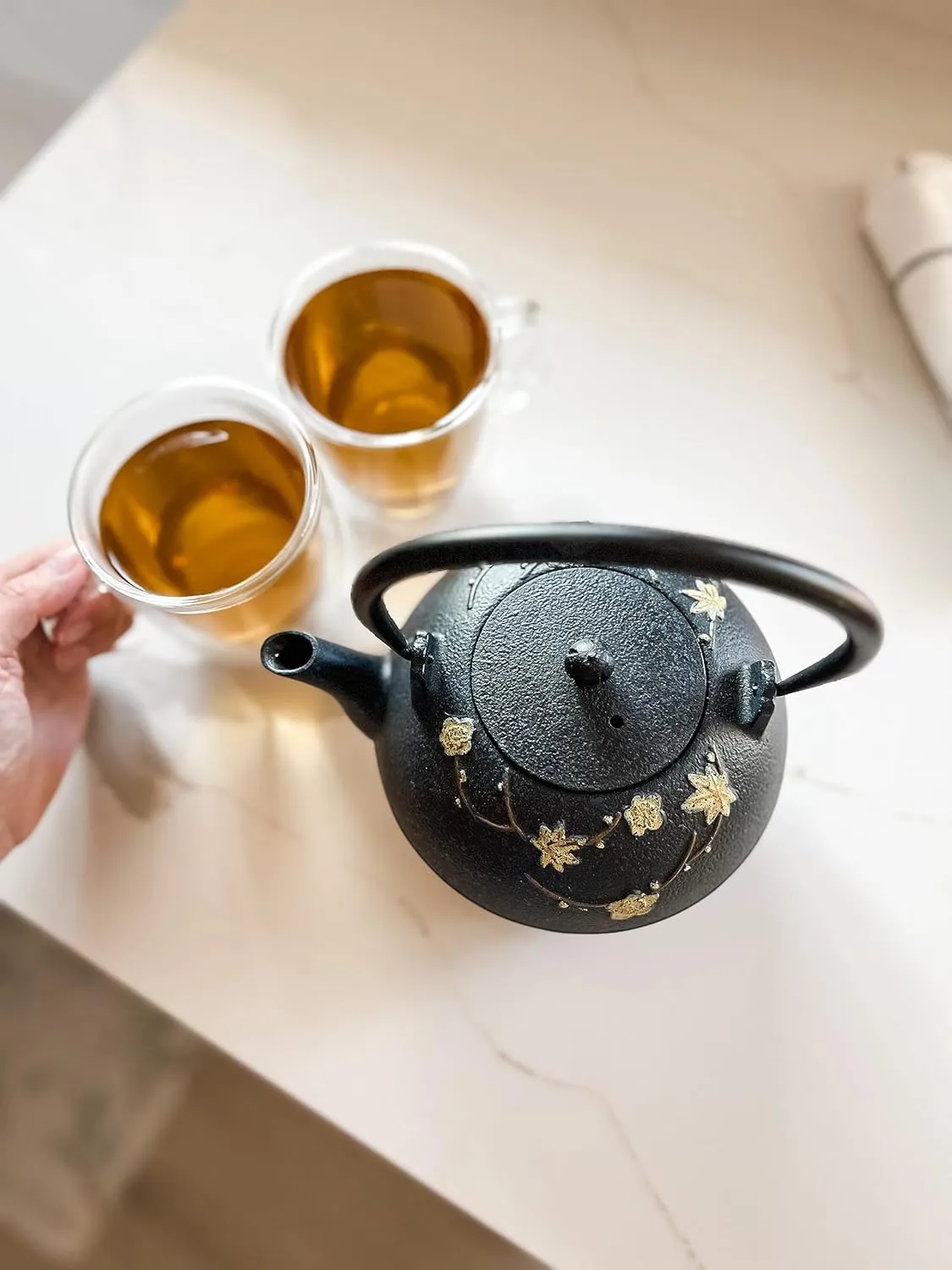 Frieling Ja by Hama Cast Iron Teapot & Cast Iron Trivet with Stainless Steel Infuser - 34 Ounce Black/Yellow - Japanese Tea Kettle
