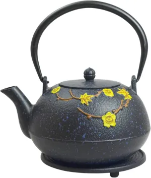 Frieling Ja by Hama Cast Iron Teapot & Cast Iron Trivet with Stainless Steel Infuser - 34 Ounce Black/Yellow - Japanese Tea Kettle