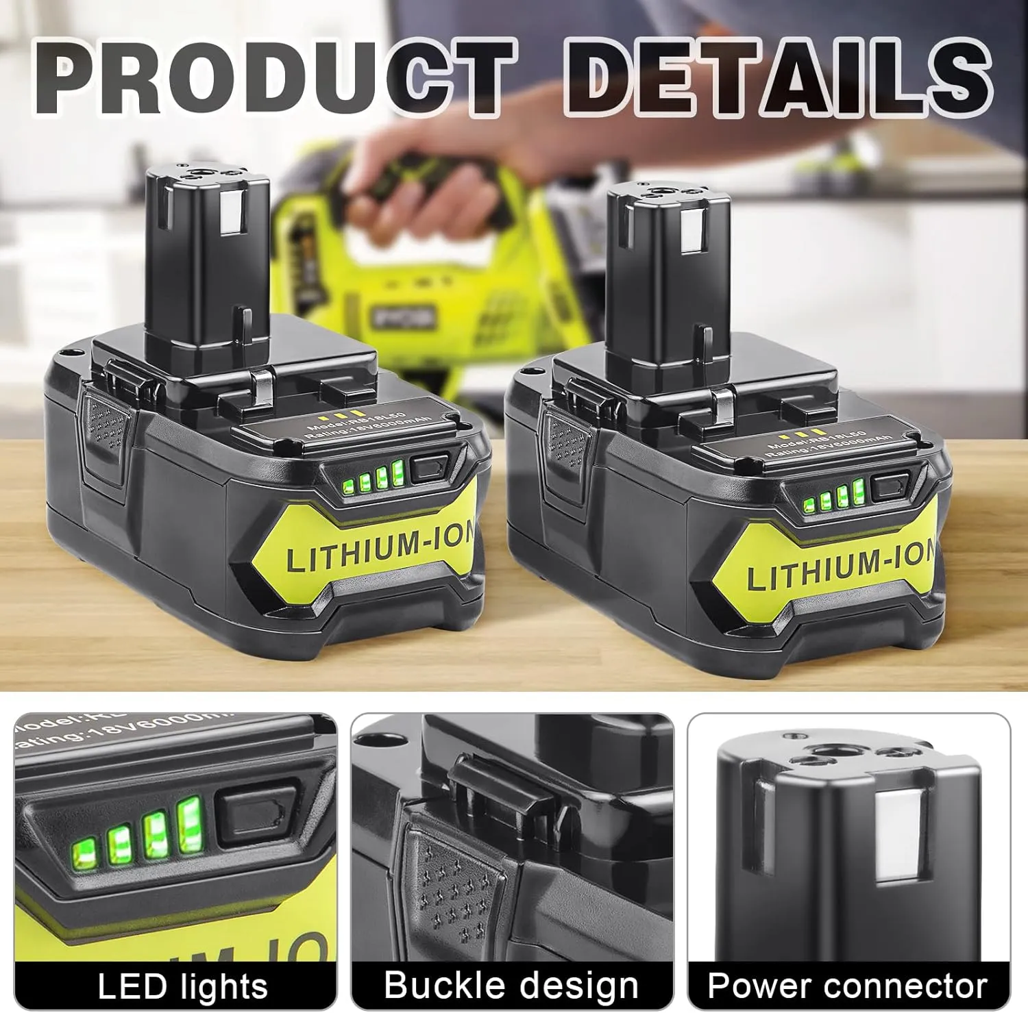 Futurebatt [2Pack] 18V 6.0 Ah HIGH Capacity Battery for Ryobi ONE  System P102 P103 P105 P107 P108 P109 P122 18-Volt w/LED Gauge Indicator Cordless Tool Battery