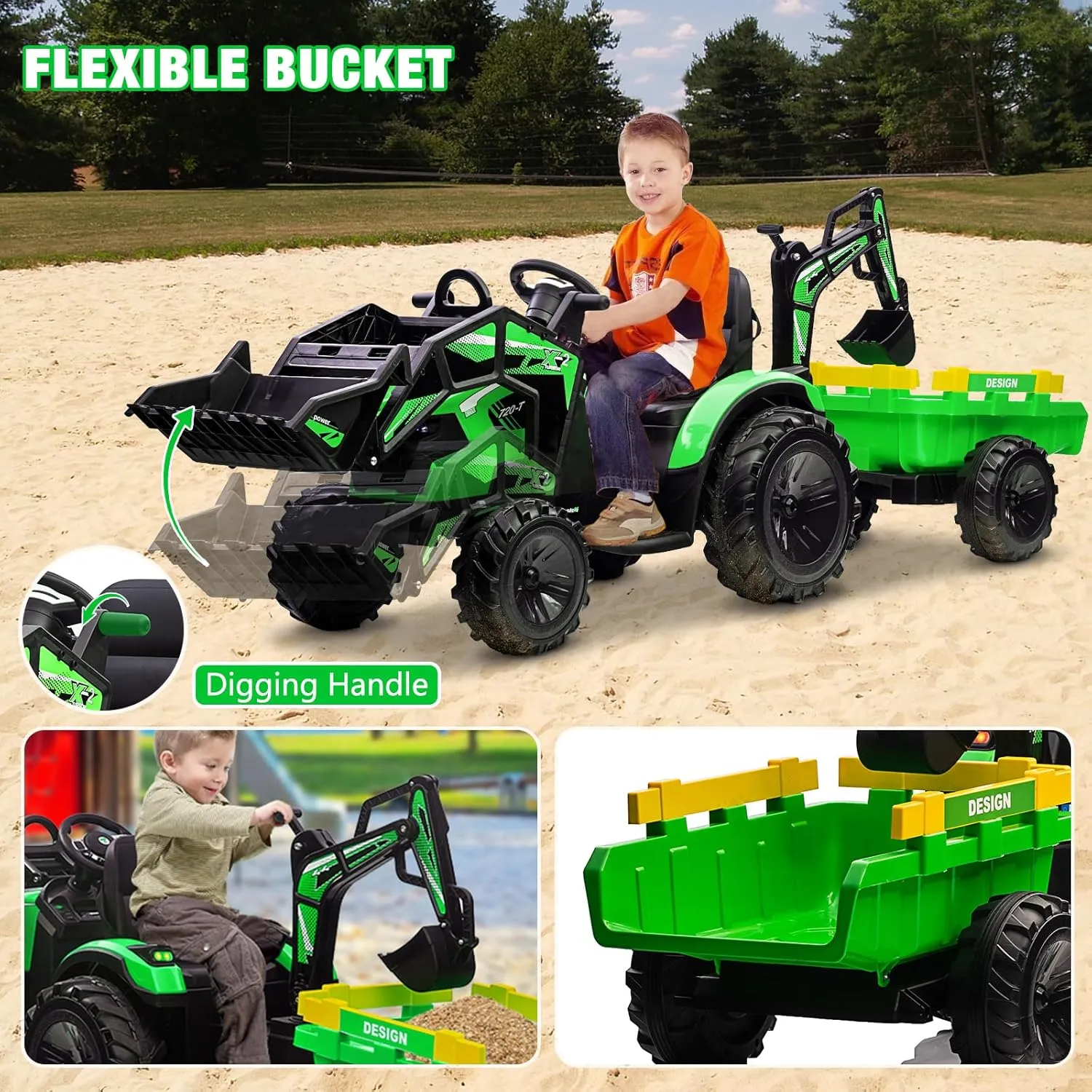 GAOMON 3 in 1 Kids Ride on Tractor, Excavator & Bulldozer, 24V Electric Vehicles w/Trailer, Shovel Bucket, Digger, Remote Control, EVA Tires, LED Lights, Kids Ride on Toys Car, Green