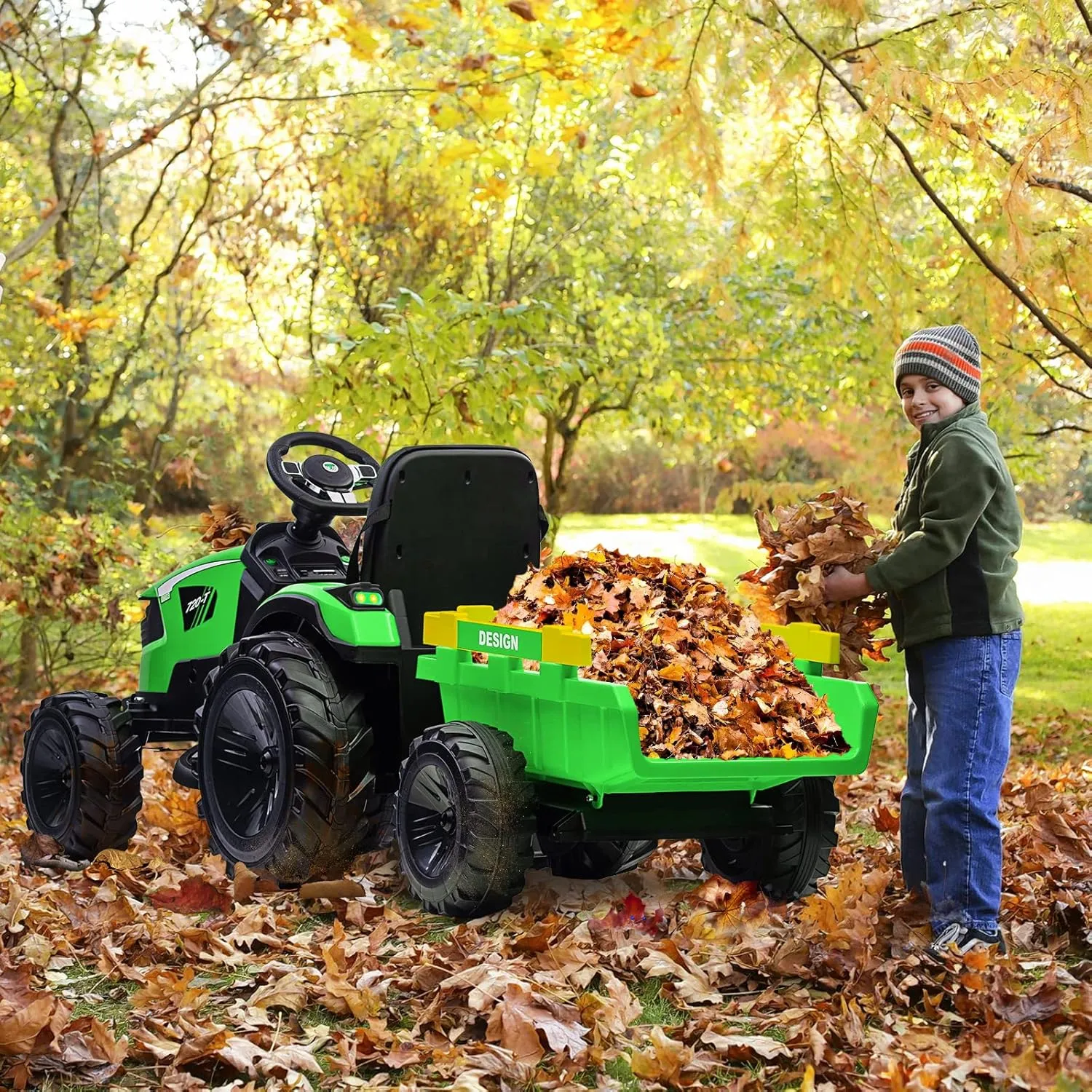 GAOMON 3 in 1 Kids Ride on Tractor, Excavator & Bulldozer, 24V Electric Vehicles w/Trailer, Shovel Bucket, Digger, Remote Control, EVA Tires, LED Lights, Kids Ride on Toys Car, Green