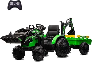 GAOMON 3 in 1 Kids Ride on Tractor, Excavator & Bulldozer, 24V Electric Vehicles w/Trailer, Shovel Bucket, Digger, Remote Control, EVA Tires, LED Lights, Kids Ride on Toys Car, Green