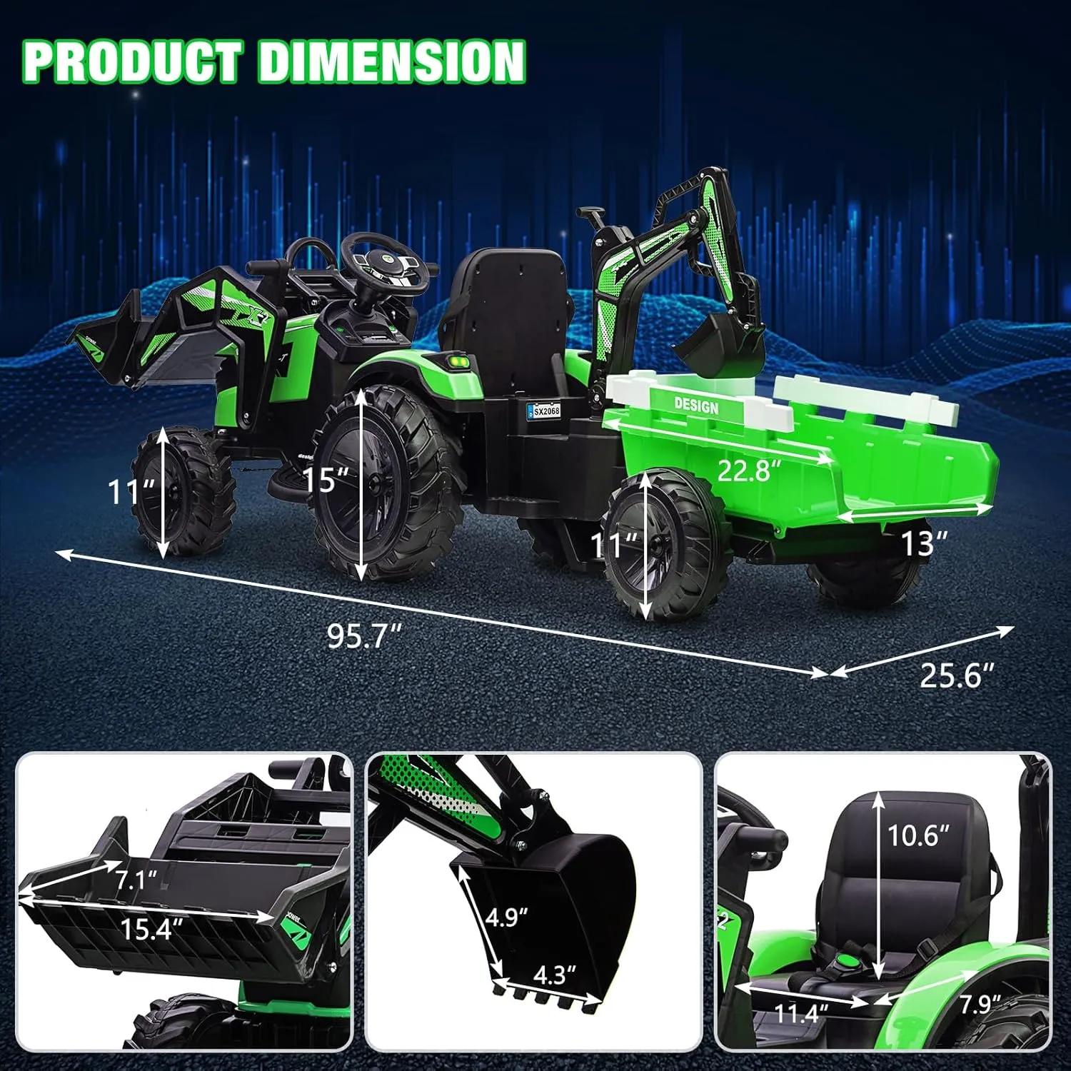 GAOMON 3 in 1 Kids Ride on Tractor, Excavator & Bulldozer, 24V Electric Vehicles w/Trailer, Shovel Bucket, Digger, Remote Control, EVA Tires, LED Lights, Kids Ride on Toys Car, Green