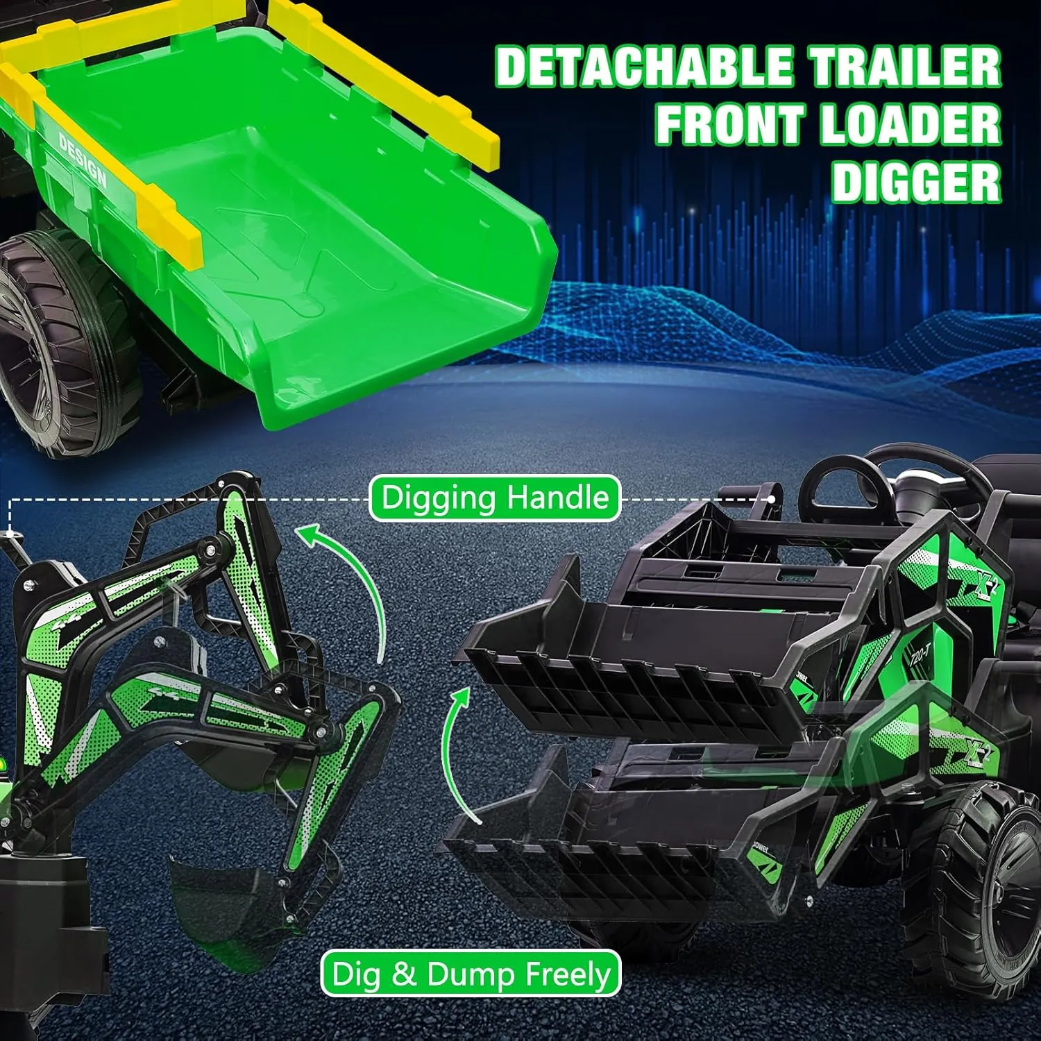GAOMON 3 in 1 Kids Ride on Tractor, Excavator & Bulldozer, 24V Electric Vehicles w/Trailer, Shovel Bucket, Digger, Remote Control, EVA Tires, LED Lights, Kids Ride on Toys Car, Green