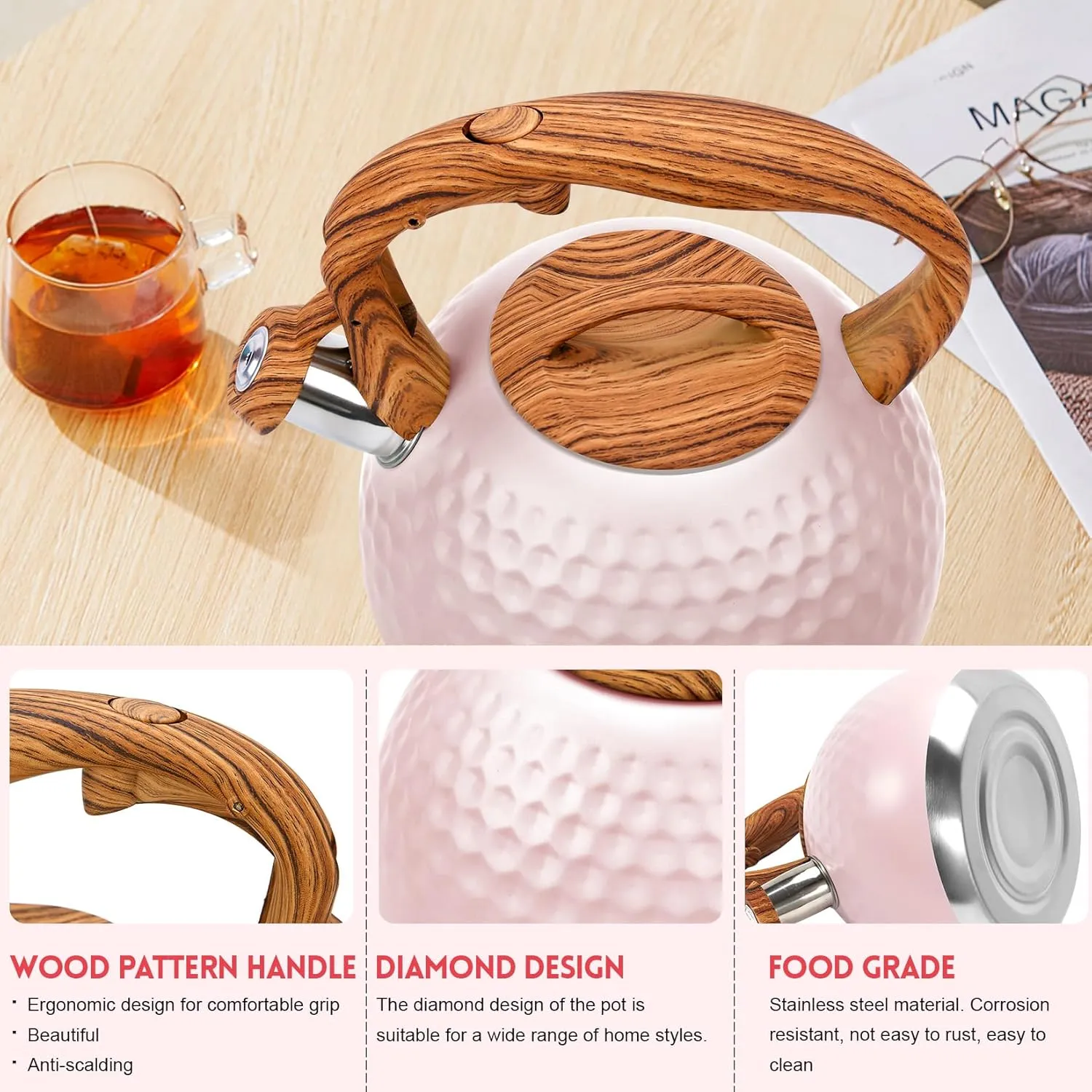 GGC Tea Kettle for Stove Top, Loud Whistling Kettle for Boiling Water Coffee or Milk, 3.1 Quart 3L Heavy Stainless Steel Pink Kettles with Wood Pattern Handle, Unique Button Control Kettle Outle