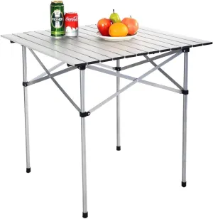 Giantex Folding Camping Table, Portable Aluminium Picnic Table with Roll-Up Tabletop & Carrying Bag, Lightweight Grill Table for Outdoor Hiking, BBQ, Party, 28" L x 28" W x 28" H