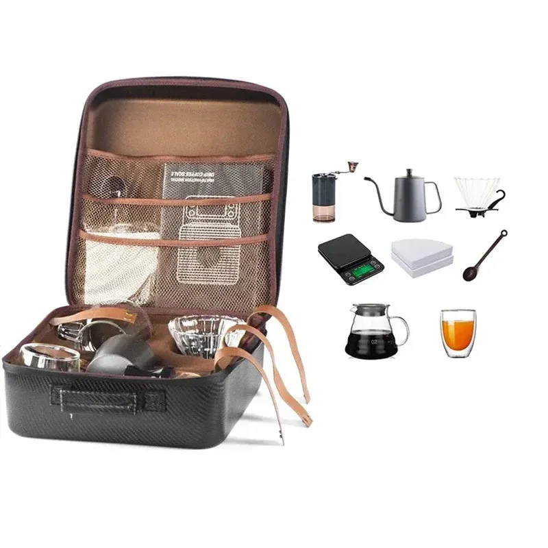 Gift Set of Travel Coffee Accessories Set Including PU Bags Manual Grinding Cups10 pcs