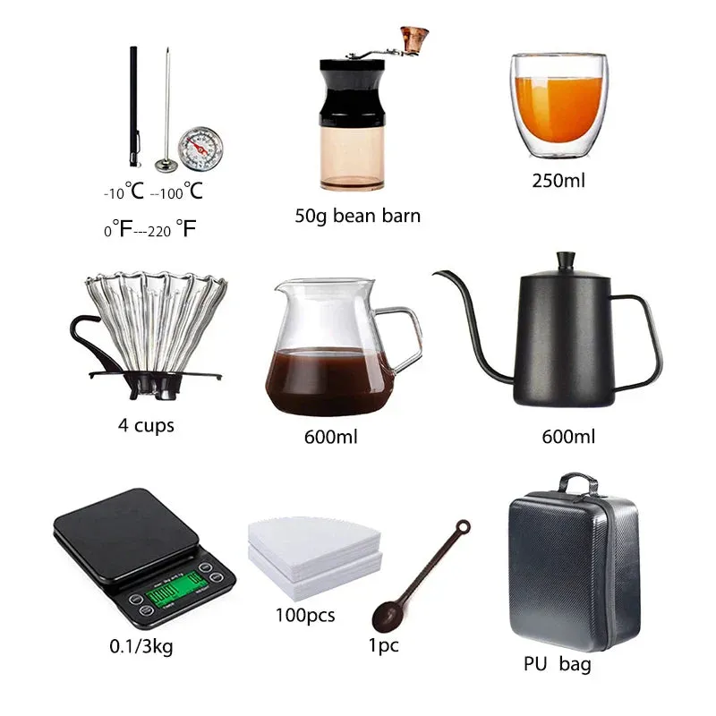 Gift Set of Travel Coffee Accessories Set Including PU Bags Manual Grinding Cups10 pcs