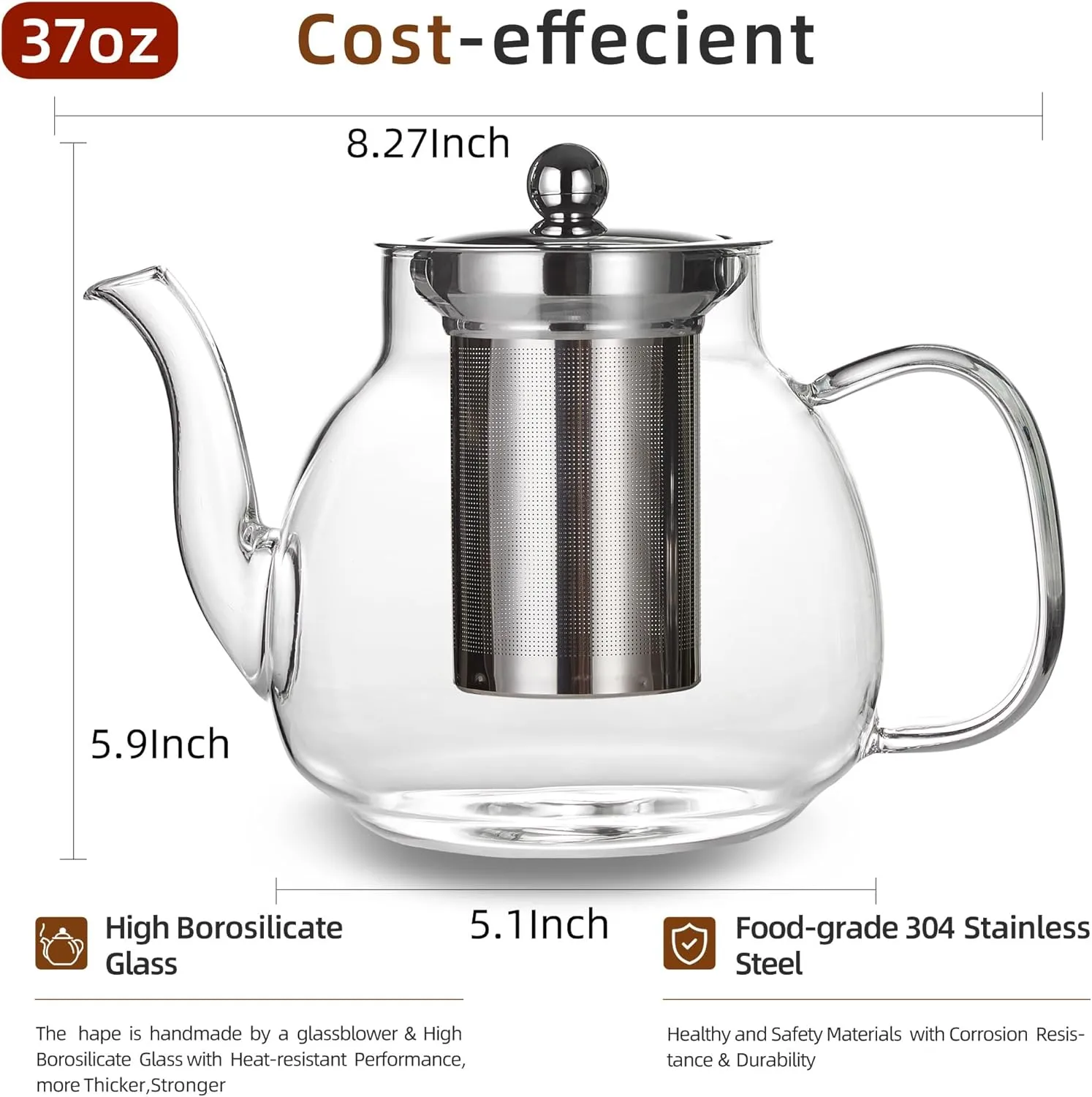 Glass Teapot 37oz/1100ml heat-resistant borosilicate Glass Tea Kettle with Removable Stainless Steel Infuser,for Blooming and Loose Leaf Teapots,Tea Maker Gift,Stovetop & Microwave Safe Tea Pot