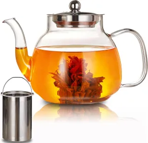 Glass Teapot 37oz/1100ml heat-resistant borosilicate Glass Tea Kettle with Removable Stainless Steel Infuser,for Blooming and Loose Leaf Teapots,Tea Maker Gift,Stovetop & Microwave Safe Tea Pot
