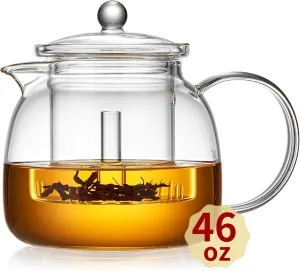 Glass Teapot with Infuser and Lid 46 fl oz/1350ml, Heat Resistance Borosilicate Glass Tea Kettle for Blooming and Loose Leaf Tea Maker, Gas Stovetop Safe