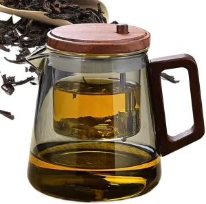 Glass Teapot With Strainer - Clear Tea Pot With Ergonomic Wood Handle, Heat Resistant Kettle For Stove Use | Functional Blooming Teapot For Workplace, Living Room, Restaurant, And Home Brewing Experie