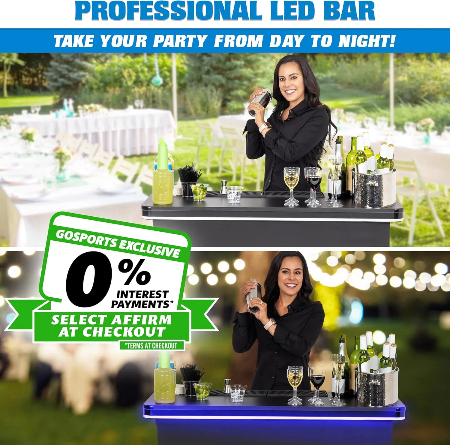 GoBar PRO Commercial Grade Portable Bar Table - Mobile Bartender Station for Events - Includes Black Skirt and Carry Case - Standard or LED, Pack 1