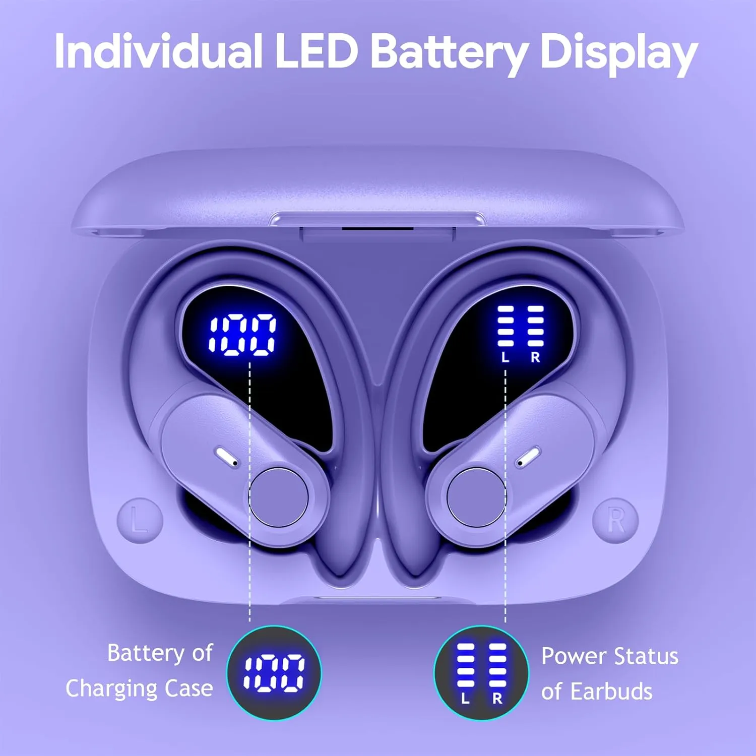 GOLREX Wireless Earbuds Bluetooth Headphones 80H Playtime Ear Buds with Wireless Charging Case & Dual LED Power Display Over-Ear Earphones with Earhooks for Sports Running Workout Purple
