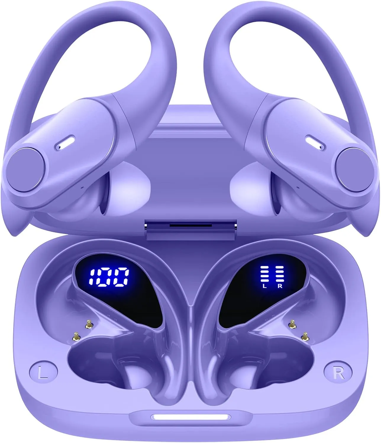 GOLREX Wireless Earbuds Bluetooth Headphones 80H Playtime Ear Buds with Wireless Charging Case & Dual LED Power Display Over-Ear Earphones with Earhooks for Sports Running Workout Purple