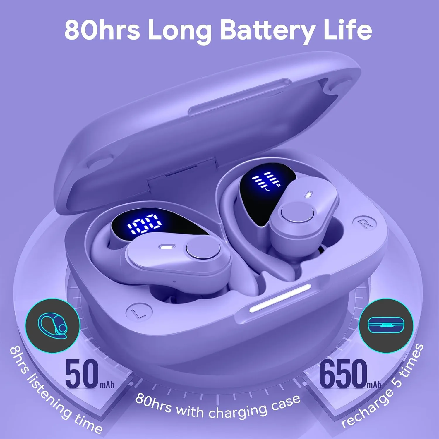 GOLREX Wireless Earbuds Bluetooth Headphones 80H Playtime Ear Buds with Wireless Charging Case & Dual LED Power Display Over-Ear Earphones with Earhooks for Sports Running Workout Purple