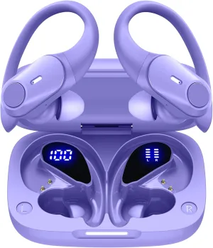 GOLREX Wireless Earbuds Bluetooth Headphones 80H Playtime Ear Buds with Wireless Charging Case & Dual LED Power Display Over-Ear Earphones with Earhooks for Sports Running Workout Purple