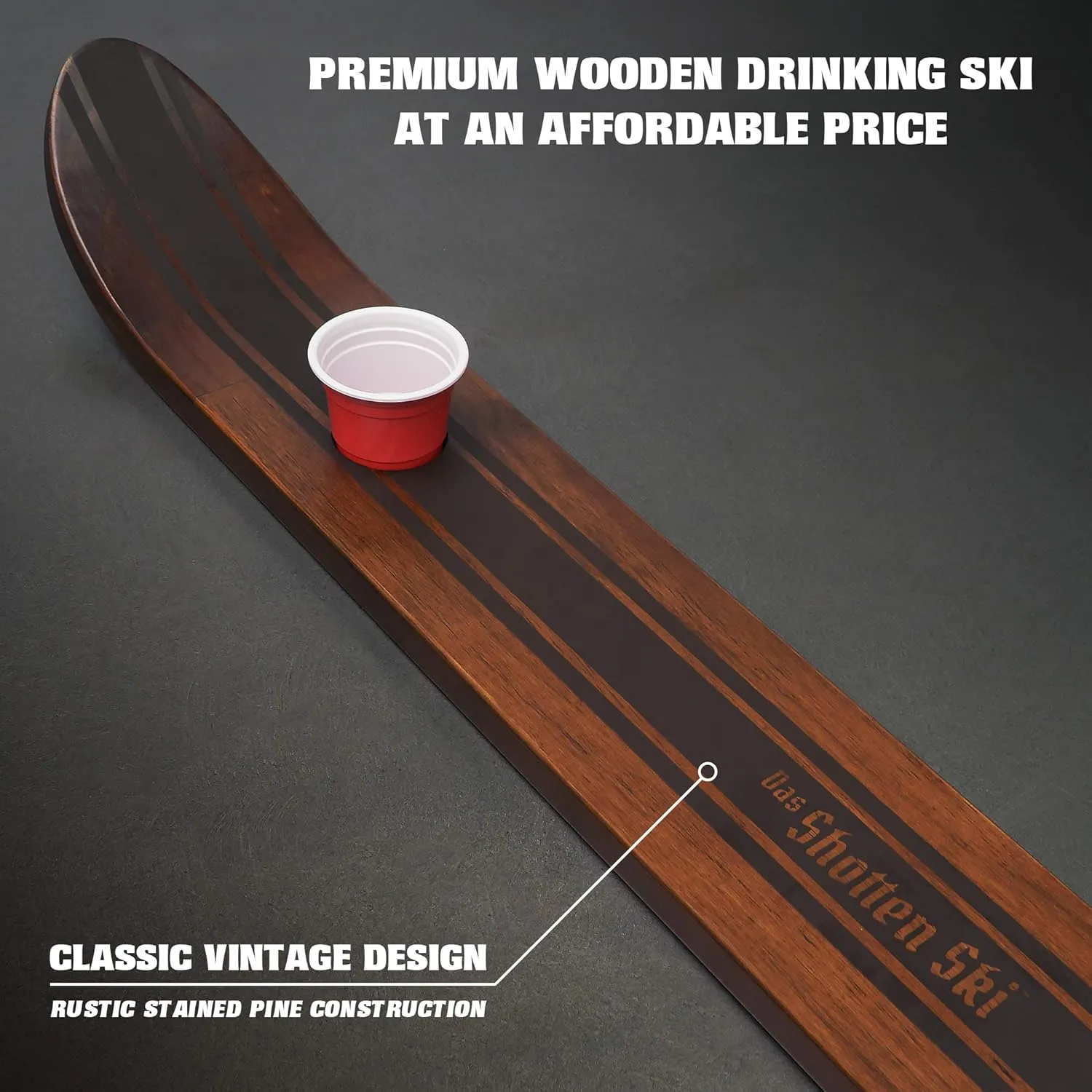 GoPong Slamski - Retro and Vintage Wood Designs - 4 Person Drinking Ski with 50 Plastic Shot Glasses