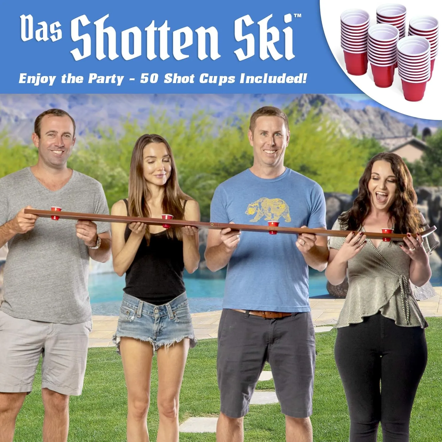 GoPong Slamski - Retro and Vintage Wood Designs - 4 Person Drinking Ski with 50 Plastic Shot Glasses