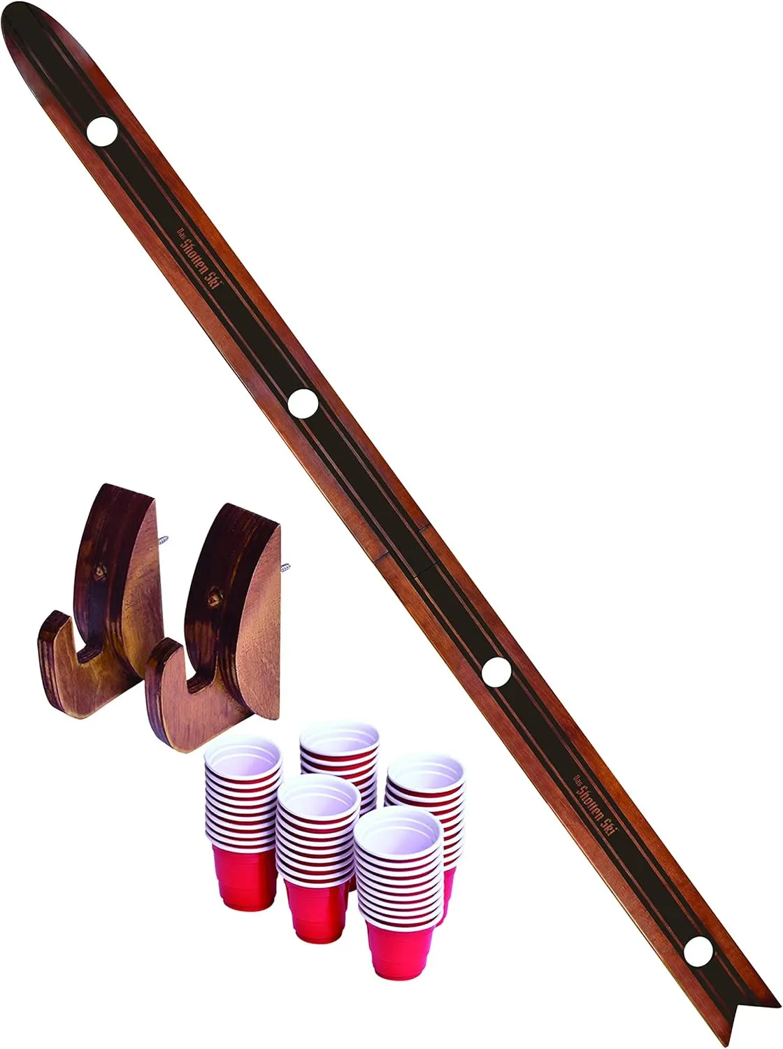 GoPong Slamski - Retro and Vintage Wood Designs - 4 Person Drinking Ski with 50 Plastic Shot Glasses