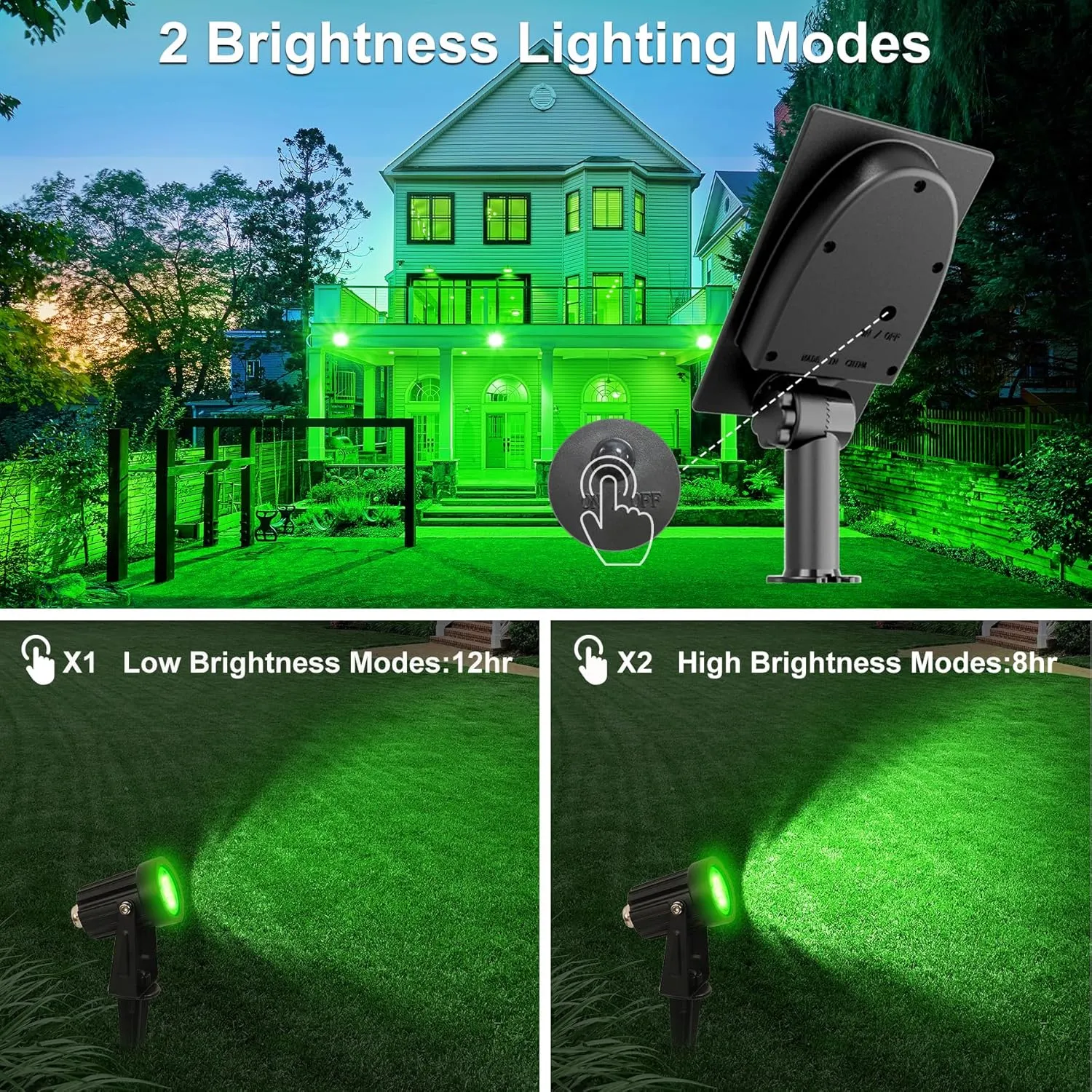 Green Solar Spot Lights Outdoor, 2 Pack Solar Landscape Spotlights IP65 Waterproof 9.8ft Cable, Auto On/Off Outdoor Wall Lights for Garden Yard Driveway Porch Walkway Pool (1-in-1)