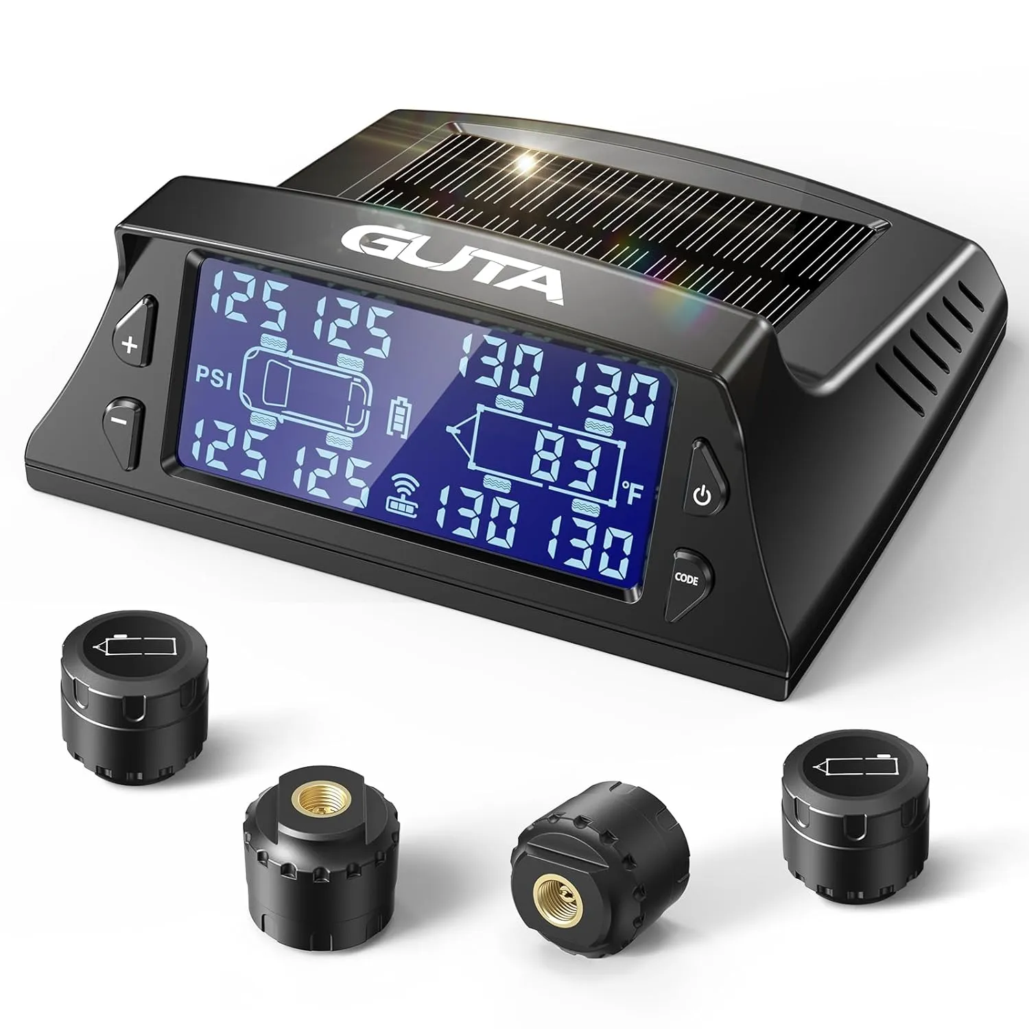 GUTA GT40 RV Tire Pressure Monitoring System, Tire Pressure Monitor System with Solar Charge, Wireless Trailer TPMS with 4 Sensors & 7 Alarm Modes, Large Screen (0-188 PSI)