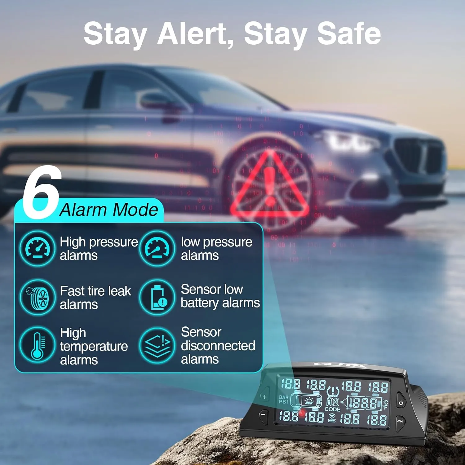 GUTA GT40 RV Tire Pressure Monitoring System, Tire Pressure Monitor System with Solar Charge, Wireless Trailer TPMS with 4 Sensors & 7 Alarm Modes, Large Screen (0-188 PSI)