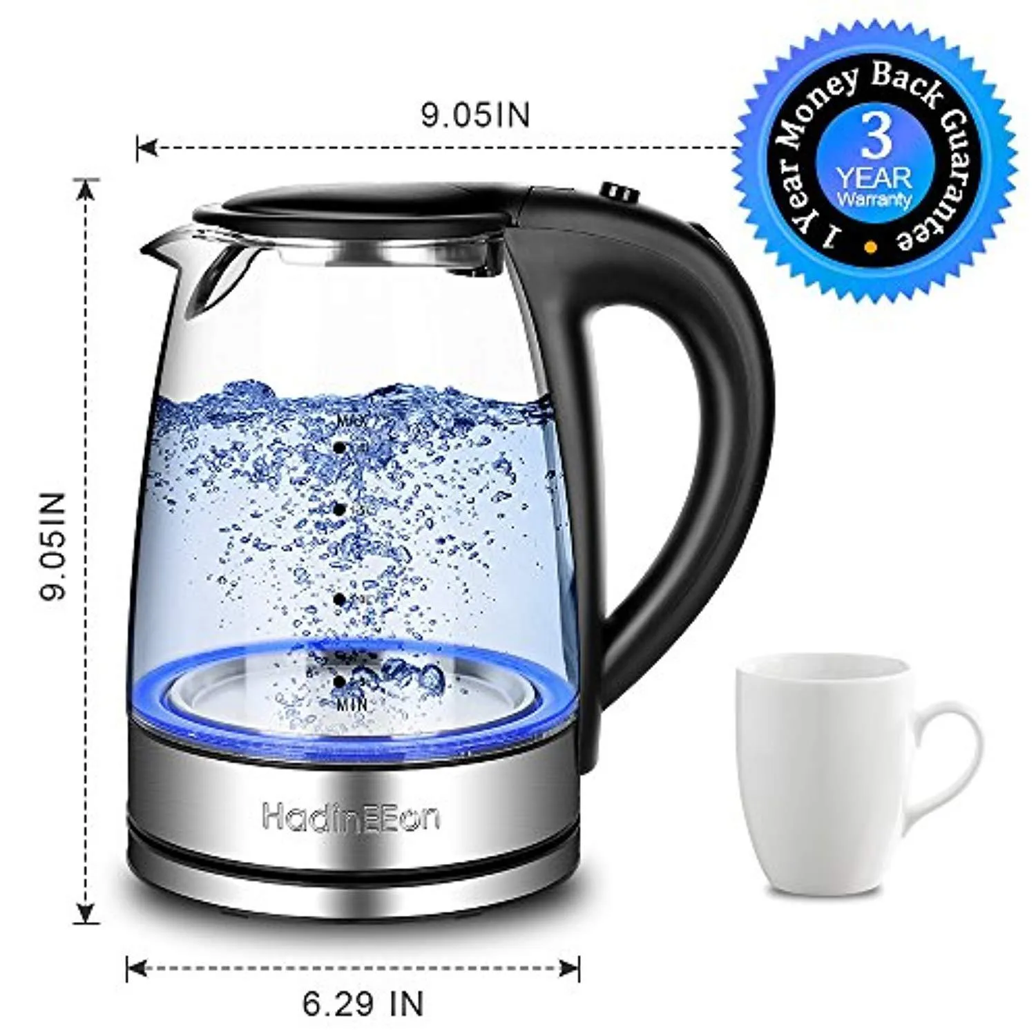 HadinEEon Electric Kettle Glass Boiler Coffee Pot, Water Heater 7 Big Cups 1.8 Liter with Quick Boil, Auto Shut Off and Boil-Dry Protection