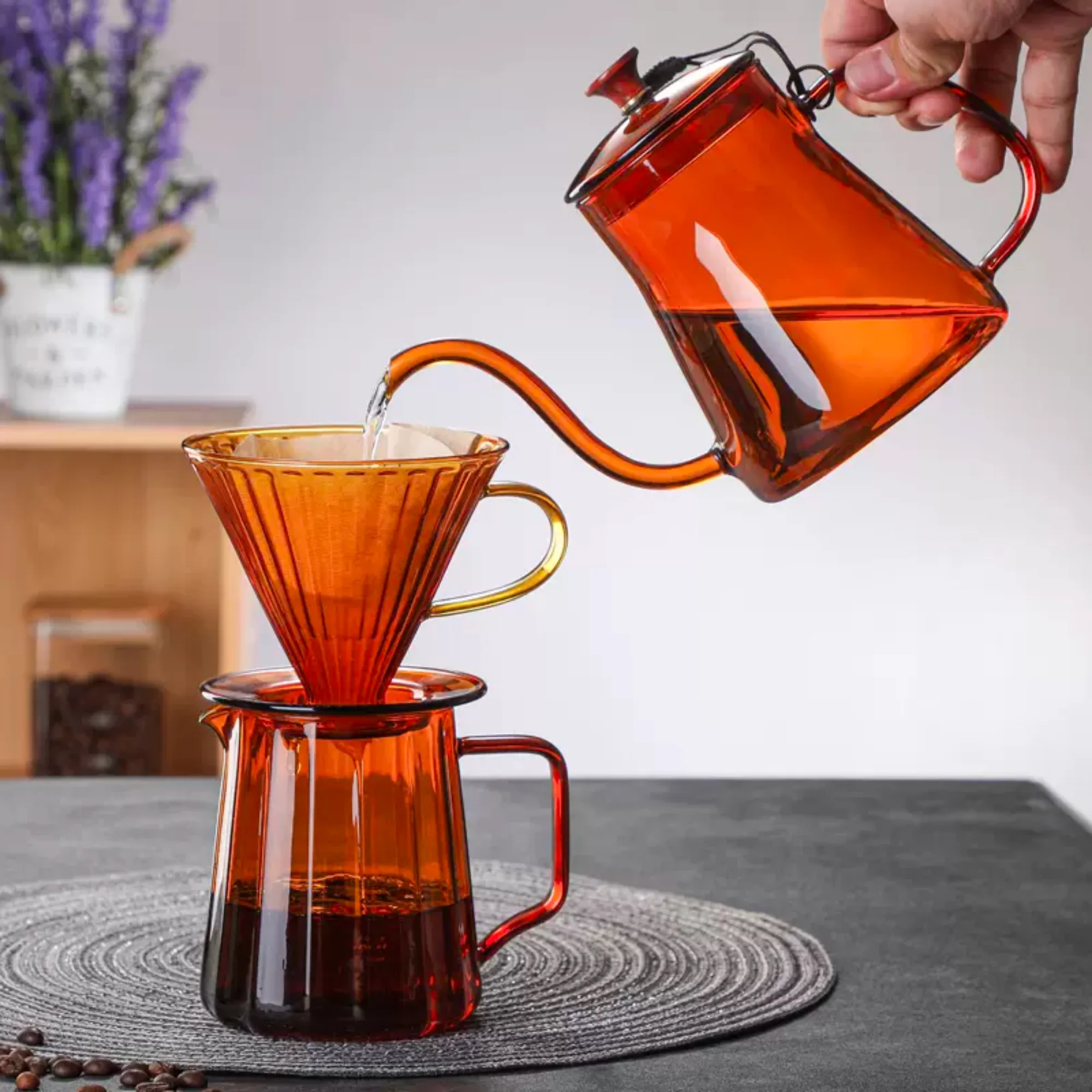 Handblown Amber Glass Gooseneck Kettle
