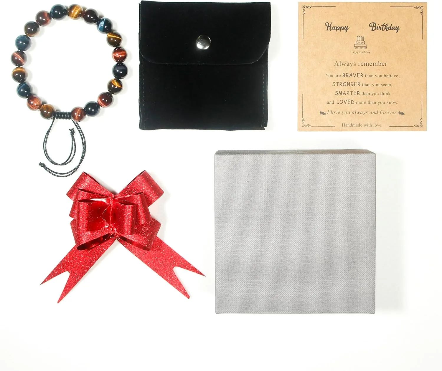 Happy Birthday Gifts muticolor Red Blue Golden Tiger Eye Bracelet for presents with Gift Box Card set,16 18 21 30 35 40 45 50 55 60 65 70 75 80 85 90 95 100 th years old
