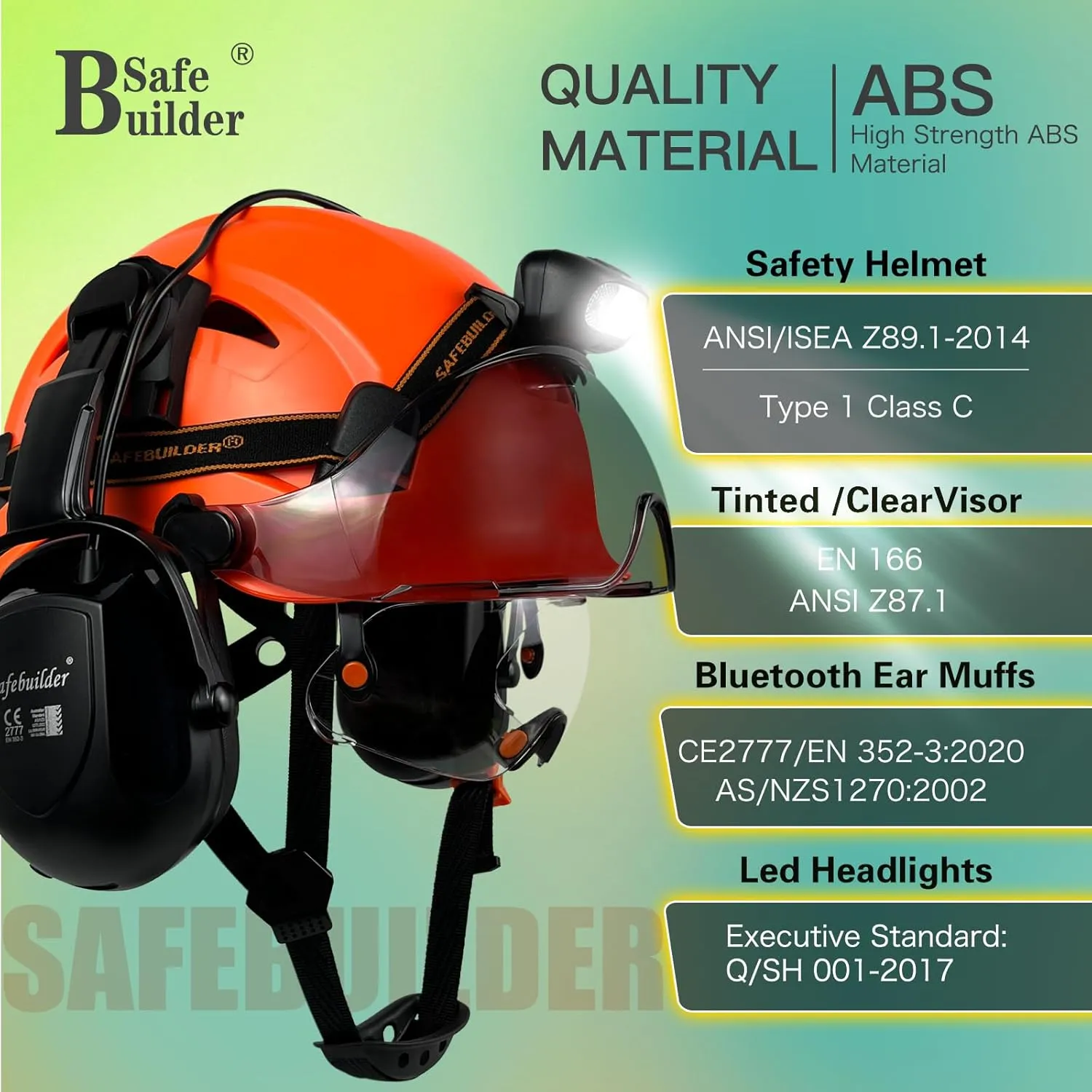 Hard Hats with Bluetooth Ear Muffs Headlight Safety Helmet with Visor Vented Adjustable Construction Forestry Hardhats ANSI