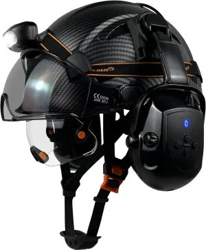 Hard Hats with Bluetooth Ear Muffs Headlight Safety Helmet with Visor Vented Adjustable Construction Forestry Hardhats ANSI