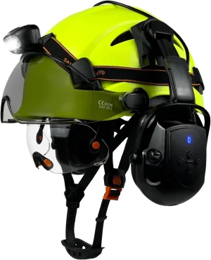 Hard Hats with Bluetooth Ear Muffs Headlight Safety Helmet with Visor Vented Adjustable Construction Forestry Hardhats ANSI