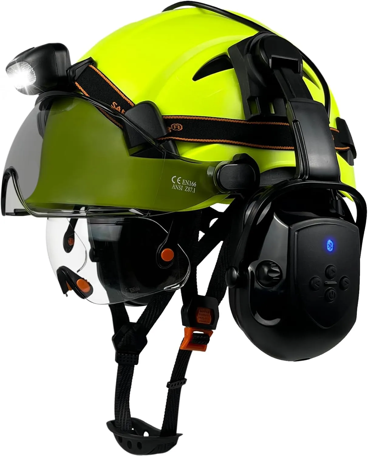 Hard Hats with Bluetooth Ear Muffs Headlight Safety Helmet with Visor Vented Adjustable Construction Forestry Hardhats ANSI