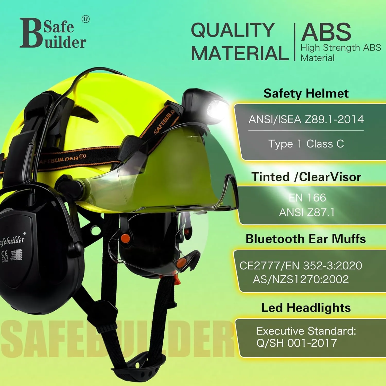 Hard Hats with Bluetooth Ear Muffs Headlight Safety Helmet with Visor Vented Adjustable Construction Forestry Hardhats ANSI