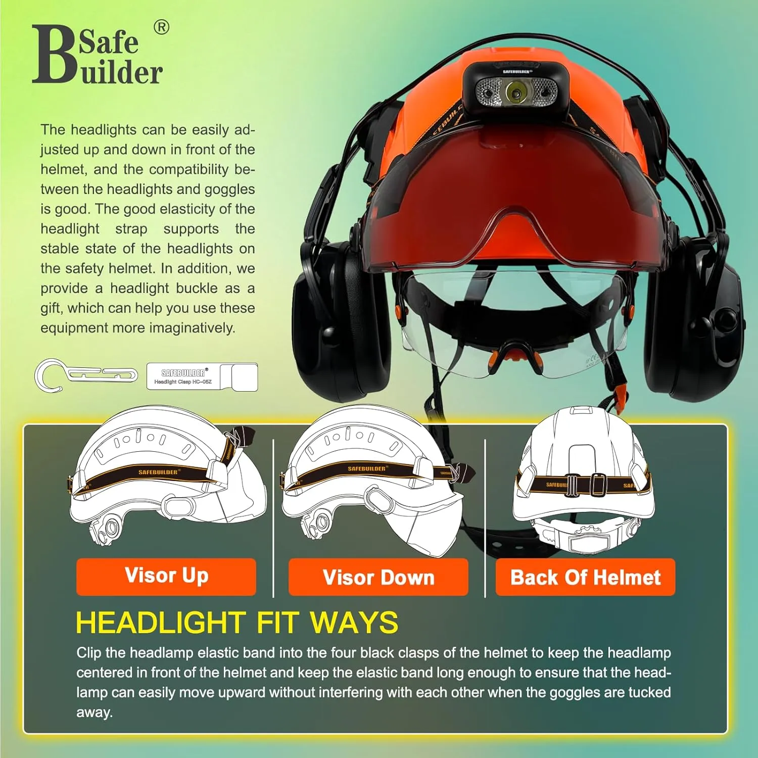 Hard Hats with Bluetooth Ear Muffs Headlight Safety Helmet with Visor Vented Adjustable Construction Forestry Hardhats ANSI
