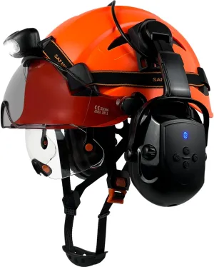Hard Hats with Bluetooth Ear Muffs Headlight Safety Helmet with Visor Vented Adjustable Construction Forestry Hardhats ANSI