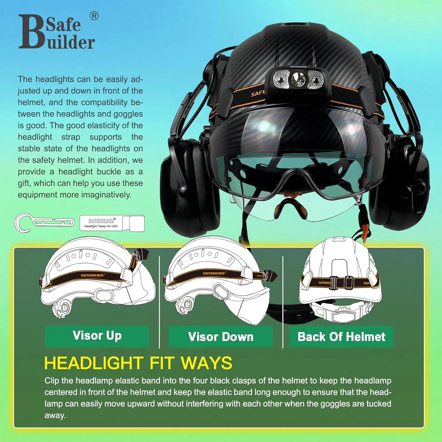 Hard Hats with Bluetooth Ear Muffs Headlight Safety Helmet with Visor Vented Adjustable Construction Forestry Hardhats ANSI