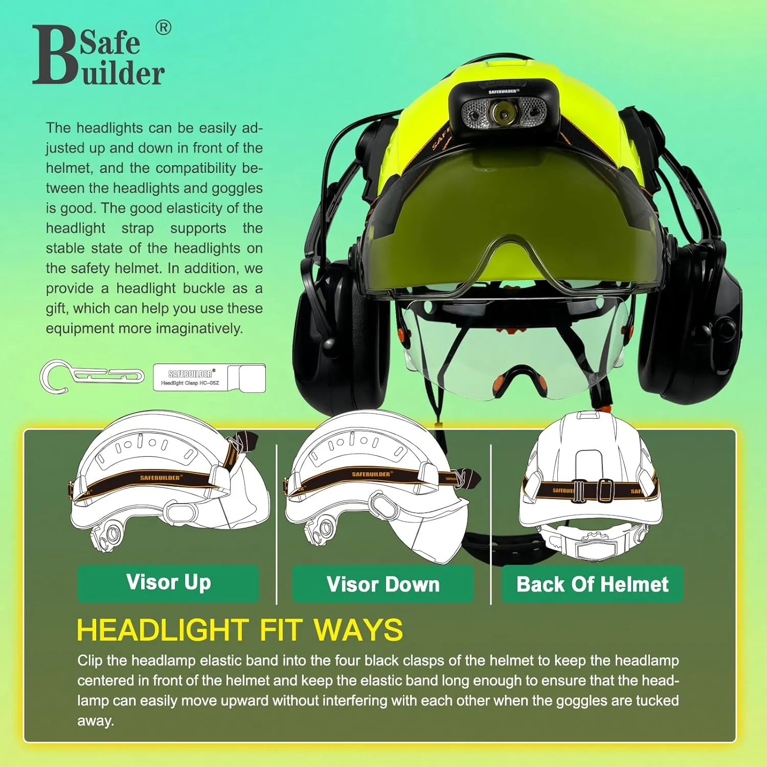 Hard Hats with Bluetooth Ear Muffs Headlight Safety Helmet with Visor Vented Adjustable Construction Forestry Hardhats ANSI